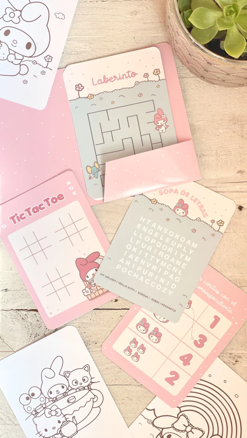 Tarjetas de my melody con sopa de letras, ta te ti y laberinto. Dibujitos kawaii  para colorear de My Melody Kuromi. Fácil de armar, decoración sencilla.