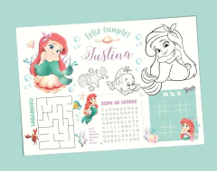 Mantel de actividades personalizado con la Sirenita Ariel, incluye juegos como laberinto y sopa de letras.
