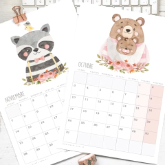 Calendario imprimible de 2025 con ilustraciones de animalitos del bosque, incluyendo un mapache y un oso