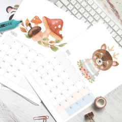 Calendario imprimible 2025 con ilustraciones de animalitos del bosque y hongos
