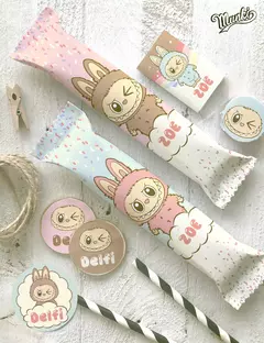 Etiquetas para candy bar personalizables de personajes de moda Labubu