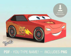 Caja imprimible en forma de coche de carreras Lightning McQueen, ideal para fiestas de cumpleaños.