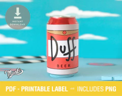 Etiqueta imprimible de Duff Beer, con diseño inspirado en Los Simpson, mostrando una lata colorida con el nombre "Duff" y un fondo azul.
