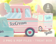 Caja de regalo imprimible en forma de camioncito de helados, ideal para fiestas. Incluye detalles coloridos y el texto "IceCream".