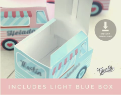 Caja imprimible en forma de camión de helados, ideal para fiestas de cumpleaños, con diseño en tonos azules y rosas.