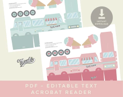 Plantilla imprimible de caja de favor en forma de camión de helados, incluye instrucciones y elementos decorativos.