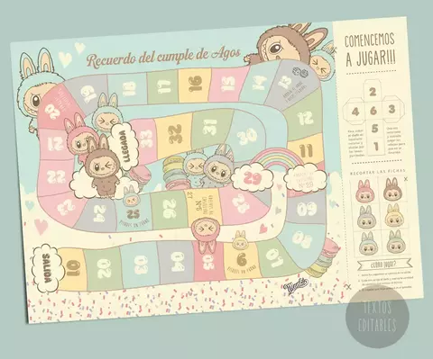 Juego de la Oca Labubu - PDF personalizable para imprimir fácil del juego de recorrido de los Labubu