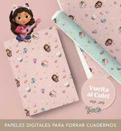 Papeles digitales con diseño de Gabby y personajes, ideales para forrar cuadernos, en colores rosa y azul.