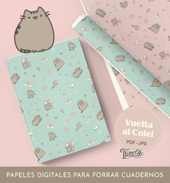 Papeles digitales con diseño de gato pusheen cat kawaii y elementos divertidos, ideales para forrar cuadernos en la vuelta al cole.