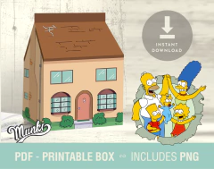 Caixa imprimível da casa dos Simpsons com personagens da série, incluindo Homero, Marge, Bart, Lisa e Maggie.