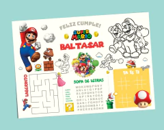 Mantel de actividades temático de Super Mario con laberinto, sopa de letras y personajes icónicos. Personalizado con el nombre del niño