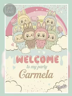 Cartel de bienvenida con diseño de Labubu editable en PDF, ideal para decoración de fiestas
