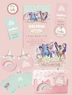Kit imprimible de cumpleaños de la Academia de Unicornios, incluye invitaciones y decoraciones con temática de unicornios y colores pastel.