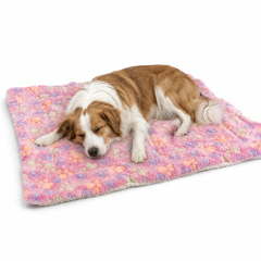 Perro durmiendo sobre colchoneta rectangular soft de 70x50 cm con diseño de huellas en colores pastel