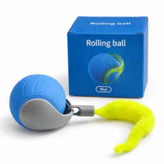 Pelota interactiva azul para gatos con cola amarilla peluda y caja de packaging