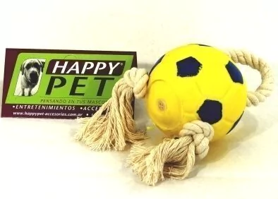 Pelota con chifle amarilla con diseño de fútbol y soga con nudos, juguete para perros de Happy Pet