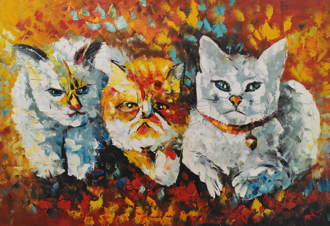 Tela a Óleo Pintada à Mão – Releitura "Three Cats" – 80x120cm