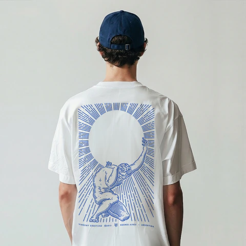 Hombre de espaldas usando una remera blanca Vincent Cousteau con diseño azul de Atlas sosteniendo un círculo grande en la espalda