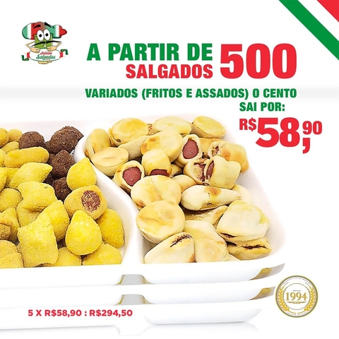 A partir de 500 un Salgados Variados (Tradicionais: Fritos e Assados) - R$ 58,90 cada cento. - comprar online