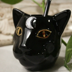 Mate de ceramica de gato con bombilla, ojos ORO CON LUNITA BLANCA - Astral Objetos cerámica
