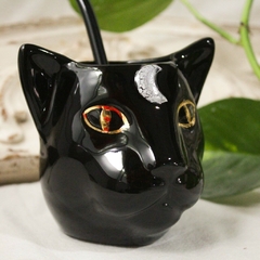 Mate de ceramica de gato con bombilla, ojos ORO CON LUNITA BLANCA en internet