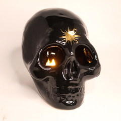 Porta vela y sahumadora calaca calavera de ceramica grande, con platito