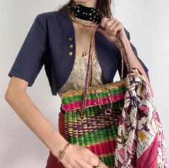 Bolsa baú de palha natural colorida - comprar online