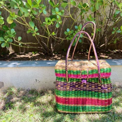 Bolsa baú de palha natural colorida - loja online