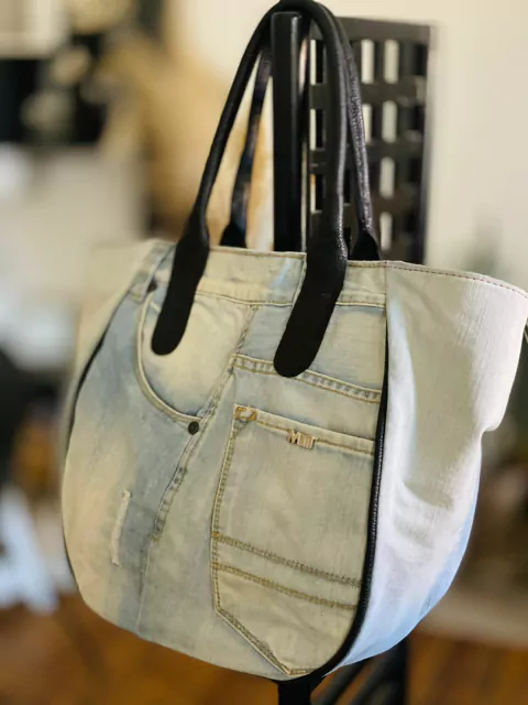 Cartera CAMI Jeans Celeste con manijas en Negro