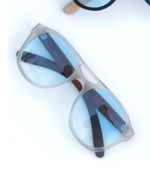 Anteojos de receta modelo Napoli con armazón transparente de acetato y madera, estilo aviador, lentes con tinte azul