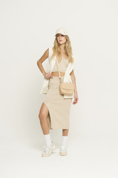 FALDA tejida MIDI Beige con lurex Oro - comprar online