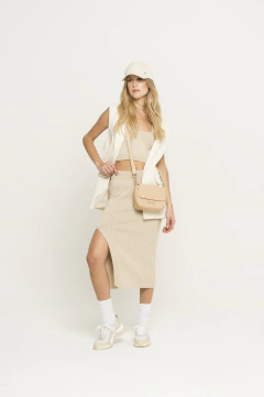 FALDA tejida MIDI Beige con lurex Oro - comprar online