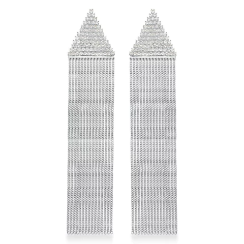 brinco zircônias comprido triângulo franja prateado