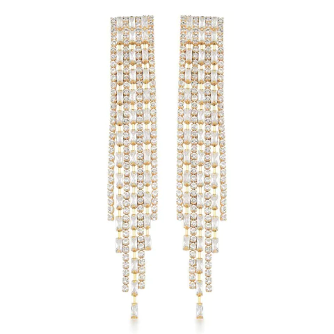 brinco zircônias comprido franja riviera dourado