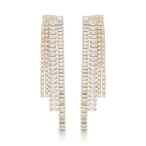 brinco zircônias comprido franja dourado