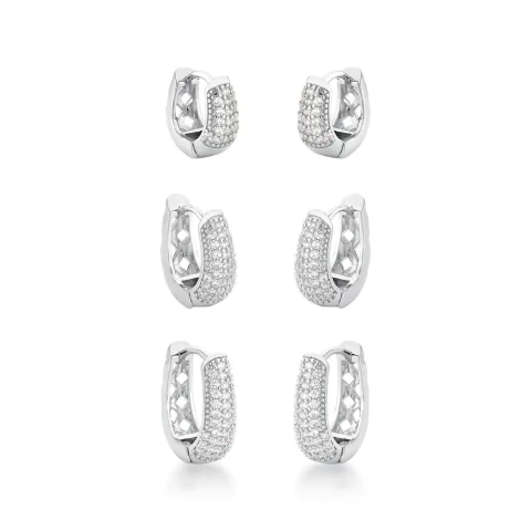 Kit trio argolas zircônias prateada