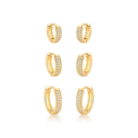 Kit trio argolas zircônias redonda douradas