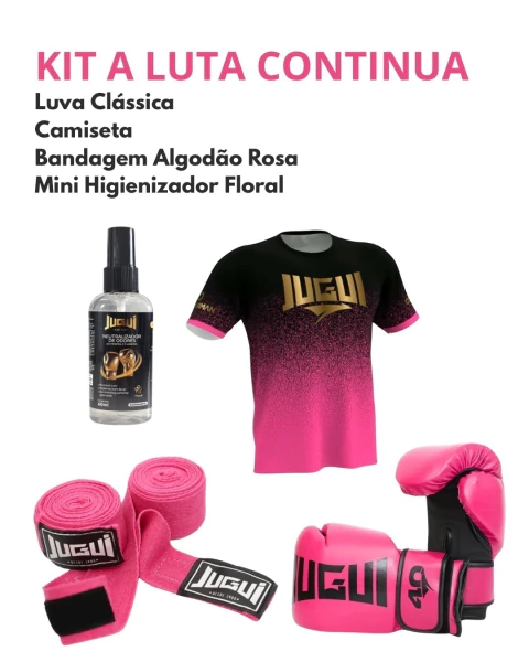 KIT A LUTA CONTINUA - Luva 12oz + Bandagem Algodão + Mini Higienizador + Camiseta