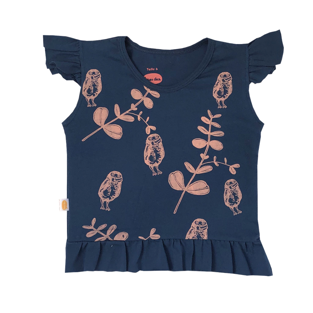 Remera volados Lechucitas azul para niñas
