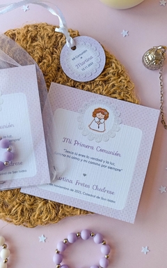 Estampita Comunión cuadrada telado + bolsa de organza + denario - comprar online