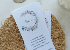 Estampita señalador telado corona de eucaliptus con flores rosas