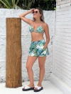 Short + conj. Biquíni cortininha com calcinha levanta bumbum, folhagem verde