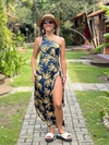 Vestido malha nó ombro só fundo azul marinho com bananas amarelas REF 49092