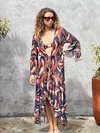 Saída de praia de tule, manga flare, estampa azul marinho com laranja REF 25898