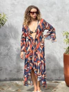 Saída de praia de tule, manga flare, estampa azul marinho com laranja REF 25898