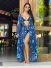Saída de praia de tule, manga flare, olho grego com fundo azul marinho REF 25881