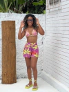 Short + Conj. biquíni cortininha com calcinha levanta bumbum , lilás com folhas verdes