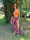 Calça de tule, flores laranja com fundo azul marinho REF 34104
