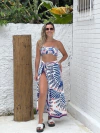 Kit Saia Pareô + Cropped folhas azuis com pássaros