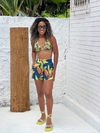 Short malha, com elástico, folhas verdes com fundo azul marinho REF 42390